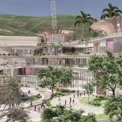 This rendering showcases the multi-level retail and cinema complex at Inorbit Vizag, set against a backdrop of hills. The design creates a shared ground where architecture holds space without complete enclosure, fostering a connection to the surrounding environment.