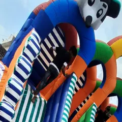 This picture shows the strength and durability of the material I use. You can see a person climbing the structure, which demonstrates that my inflatables are built to withstand active play and are safe for commercial rental use.