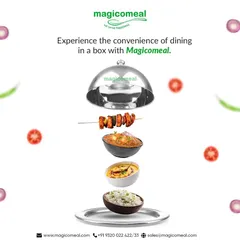 Experience the convenience of dining in a box. This creative graphic shows the components of a delicious meal coming together, representing our easy and elegant packed meal service.