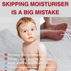 Skipping moisturizer on a baby is a big mistake that can lead to invisible cracks and infections. I recommend applying a thick, fragrance-free cream within three minutes of bathing to lock in moisture and protect the skin barrier.