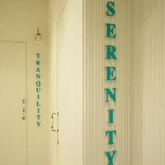 The words 'Serenity' and 'Tranquility' mark the entrances to our treatment rooms. This is our promise to you: a peaceful and private space where you can focus on your well-being.
