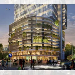 The podium level of Codeword Edge, a new commercial high-rise in Malad, Mumbai. The design integrates retail and public spaces at street level, with nine levels of podium parking and 21 floors of office space above, creating a bustling commercial hub.