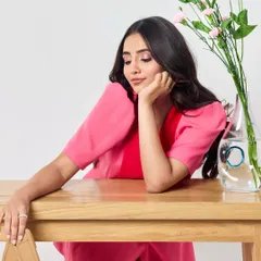 A soft and pretty look for a commercial shoot. The makeup is focused on rosy cheeks and a hint of color on the lips, creating a youthful and dreamy feel that connects with the audience on an emotional level.