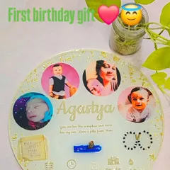 A perfect first birthday gift for baby Agustya. This 12-inch frame preserves his first bracelet, umbilical cord, and other details, along with a sweet message from his bua (aunt).