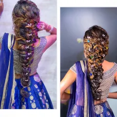 A side-by-side view of a stunning messy braid. This style is a favorite for sangeets and festivals, and I teach my students how to create volume and texture while weaving in accessories for that extra sparkle.