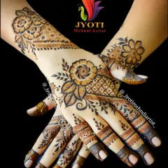 This is a perfect example of an elegant floral design suitable for a bride, bridesmaid, or wedding guest. The composition flows beautifully across both hands, combining bold flowers with delicate, detailed patterns.