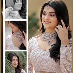 This collage is a beautiful tribute to the bride, Divya. It showcases her in her lovely pink sagan outfit from various angles, capturing her elegance and happy smiles in a modern layout.