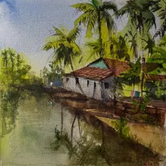 Another scene from the beautiful Konkan region, painted with Daniel Smith watercolors. It's always a delight to work with this medium, capturing the reflections in the water and the vibrant greens of nature.