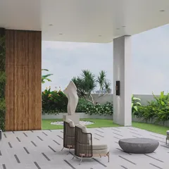 A dream visualized. This spacious terrace combines a vertical garden wall with elegant outdoor furniture and a central sculpture, creating a sophisticated and artful space for relaxation and entertaining.