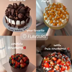 A collage of my customers' favorite flavors. It includes a chocolate overload cake, a fresh mango cake, a chocolate strawberry cake, and a vanilla cake with fresh strawberries.