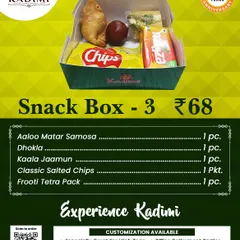Snack Box 3 is a great mix of savoury and sweet, with an Aloo Matar Samosa, Dhokla, Kaala Jaamun, chips, and a drink.