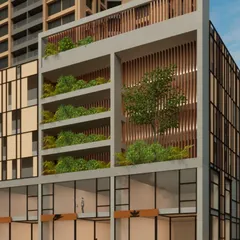 A detail of the podium for our Inspira Realty project in Borivali, showcasing the integration of green, open-air levels. The undulating facade and use of planters harmonize the structure with nature, even in a dense urban context.