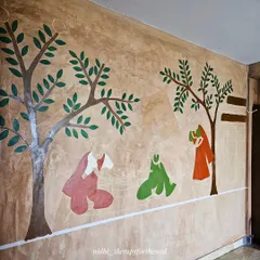 The initial blocking stage of the large Cheriyal mural. At this point, it's all about mapping out the composition and placing the main figures on the 60-foot wall.