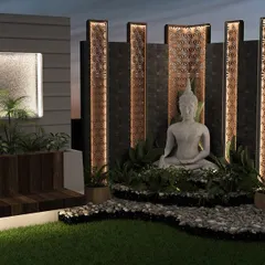 To create a corner of peace and tranquility, we placed this serene Buddha sculpture amidst pebbles and plants. The backlit decorative panels behind it add a warm glow, making this the perfect spot for morning meditation.