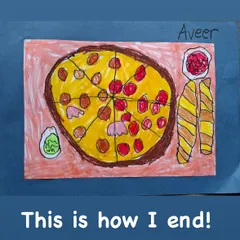 The finished pizza, complete with garlic bread and dips. The student has successfully assembled all the elements into a delicious-looking composition.