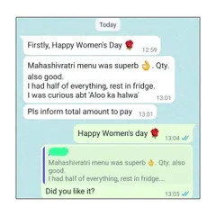 A wonderful message received on Women's Day from a customer who loved the Mahashivratri menu. It is feedback like this that makes my day.