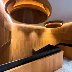 This staircase area is defined by its meticulously crafted wooden wall paneling and sculptural, circular light fixtures. Integrated LED lighting enhances the warm texture of the wood, creating a sophisticated interplay of light and shadow.