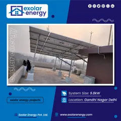 This image showcases the robust mounting structure of a 9.8kW system in Gandhi Nagar, Delhi. We ensure every installation is engineered for stability and durability to withstand the elements for decades.