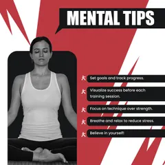 A strong mind is built with intention. This graphic outlines some of the key mental tips I share with my students, like visualizing success and focusing on breathwork. These are simple but powerful tools for building mental discipline.