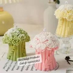 These rose bouquet candles, shown here in soft pastel shades of green, pink, and yellow, are a beautiful decorative item. The mold creates a lovely texture of a bundle of roses.