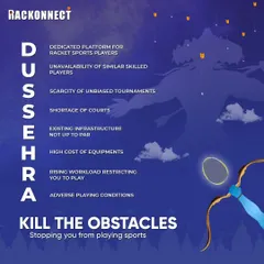 This creative for Dussehra lists the common obstacles players face, from a shortage of courts to a lack of unbiased tournaments. Our platform is designed to solve every one of these problems.