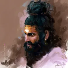 A digital portrait of a sadhu with his hair tied in a bun, his gaze intense and focused. This painting explores the powerful presence and inner world of a spiritual ascetic.