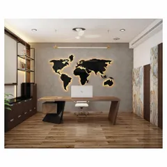 For this director's cabin at SVG Exports, we created a sophisticated and globally-minded atmosphere. The design features a custom-designed desk, rich wood flooring, and a backlit world map on a concrete-finish wall, balancing modern aesthetics with professional warmth.