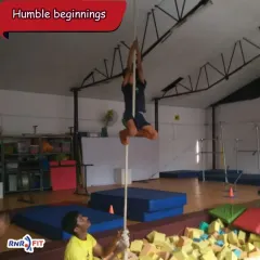 Humble beginnings. Every champion's journey starts with mastering the basics, like rope climbing, to build the fundamental strength required for advanced skills.