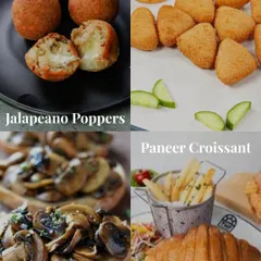 A collage showcasing my vegetarian high tea menu. It features a delicious mix of items like tomato basil bruschetta, chilli cheese toast, veg cutlets, and quesadillas.