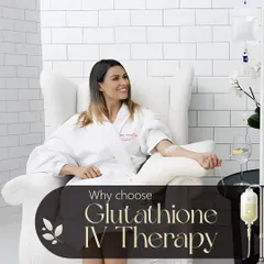 A client relaxing during a Glutathione IV Therapy session. This treatment is a perfect wellness escape, offering detoxification and skin rejuvenation in a serene, comfortable setting.