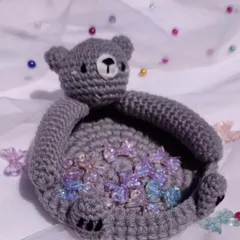 This adorable grey bear trinket dish is another one of my unique organizer designs. The bear's arms form a small bowl, perfect for holding beads, clips, or other small craft supplies.