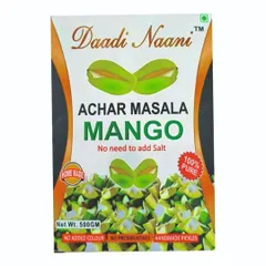 This is the packaging for my Achar Masala Mango mix. It clearly states that there's no need to add salt and it's made with 100% pure, homemade ingredients for authentic handmade pickles.