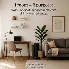 This image shows how one room can serve two purposes. We designed this space to function as both a comfortable living area and a productive home office, complete with a sleek desk and discreet storage for workout gear.