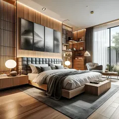 For this master bedroom, I focused on creating a luxurious and serene retreat. The design includes a custom upholstered headboard, integrated wooden wall paneling with accent lighting, and bespoke shelving to blend comfort with sophisticated style.