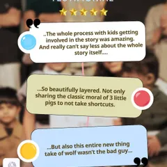A parent testimonial praising our unique take on "The Three Little Pigs," where the wolf wasn't the bad guy.