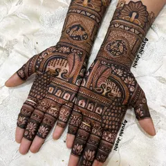 A designer mehendi for a 'diksha' ceremony, featuring beautiful peacocks, lotus patterns, and traditional architectural elements.