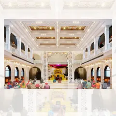 The main prayer hall at Tilak Nagar Gurudwara in Delhi, designed to be a sanctuary of peace. Our design uses soaring arches, detailed coffered ceilings, and soft, layered lighting to create a space that is both grand and deeply tranquil for the congregation.
