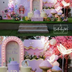 A magical fairy-themed party for Aira's first birthday. We combined a lighted arch, custom name blocks, and whimsical props like a fairy cutout, friendly deer, and glowing mushrooms to create an enchanted forest setting.