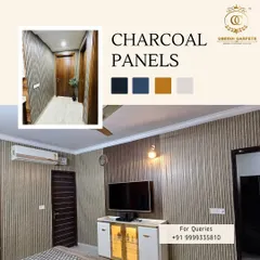 Our charcoal panels offer a sleek, modern look with a subtle vertical texture. This collage shows how they can be used in a bedroom as a TV background or in a hallway to add sophistication. They are available in several colors.