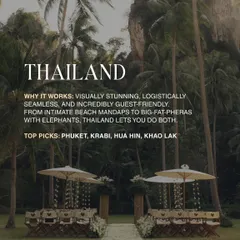 Why Thailand? It's visually stunning, logistically seamless, and incredibly guest-friendly. From intimate beach mandaps to big-fat-pheras with elephants, Thailand lets you do both.