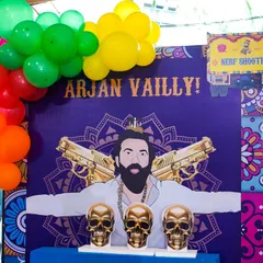 A unique Nerf shooting game for a Punjabi-themed party, featuring golden skull targets and a pop-culture backdrop.