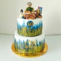 For a 60th milestone birthday, I was asked to create a cake that told a life story. This two-tier design features a handcrafted fondant figure of the birthday dad enjoying his favorite things: chai, his puppies, action movies, and even Misal Pav.