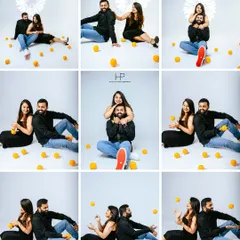 A grid of nine photos from a fun studio session with oranges. This shows the variety of candid and posed shots we can get from a single playful concept, capturing lots of laughter.