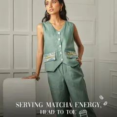 Serving matcha energy, head to toe. This sage green waistcoat and trouser set features art-detailed pockets, a subtle nod to wearable art in a chic, monochromatic look.