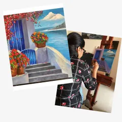 This student is creating a beautiful and vibrant Greek-inspired seascape using acrylics. I love how she is using bright colors for the flowers and the iconic blue door to make her painting pop. It is a wonderful example of capturing a sunny, cheerful scene.