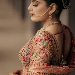 A stunning profile shot of the bride, highlighting the intricate details of her bridal jewelry and the elegant styling of her hair. The soft light and her serene expression create a timeless and regal portrait.