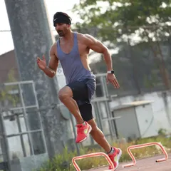 Actor Harshvardhan Rane executing hurdle drills with precision. This exercise improves coordination, flexibility, and sprinting form, all crucial for an athletic physique.
