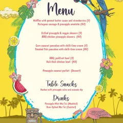 The full Hawaiian-inspired menu for our 50 First Dates event. With dishes like BBQ Jackfruit Bowls, Pineapple & Veggie Skewers, and Pineapple-Mint Mai Tais, we brought the taste of island paradise to every table.