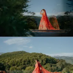 A bride deserves to feel like she's on top of the world. I used the stunning mountain landscape of Dehradun to frame this bridal portrait, letting her vibrant red lehenga and the flowing veil create a breathtaking contrast against the serene hills.