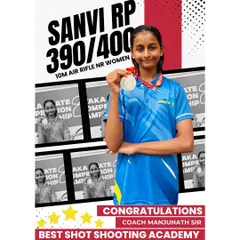 Congratulations to Sanvi RP for her stellar performance, scoring 390/400 and winning a medal in the 10M Air Rifle NR Women event at the Karnataka State Shooting Competition.